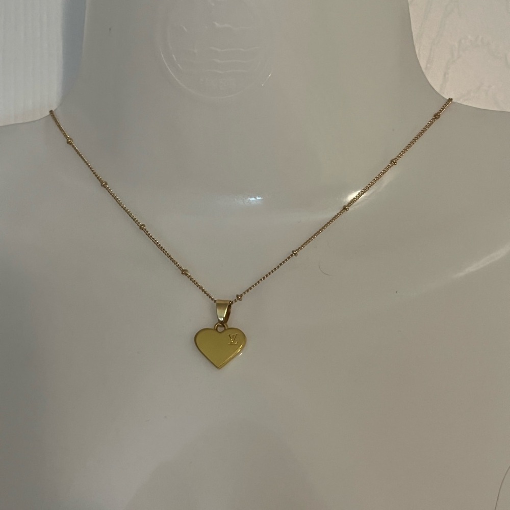 Upcycled Louis Vuitton logo double sided heart zip charm on a Gold neckl… - Picture 7 of 7